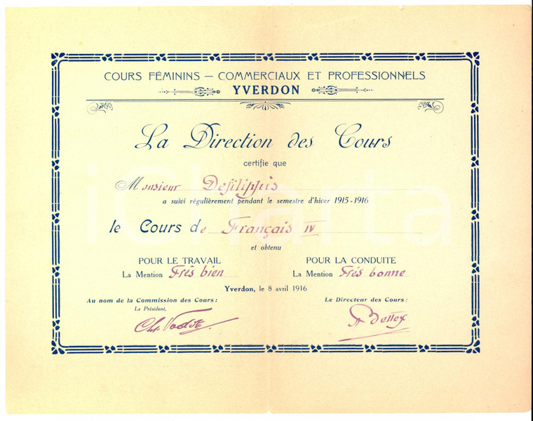 1916 YVERDON Cours professionnels - Certificat DEFILIPPIS Cours de français