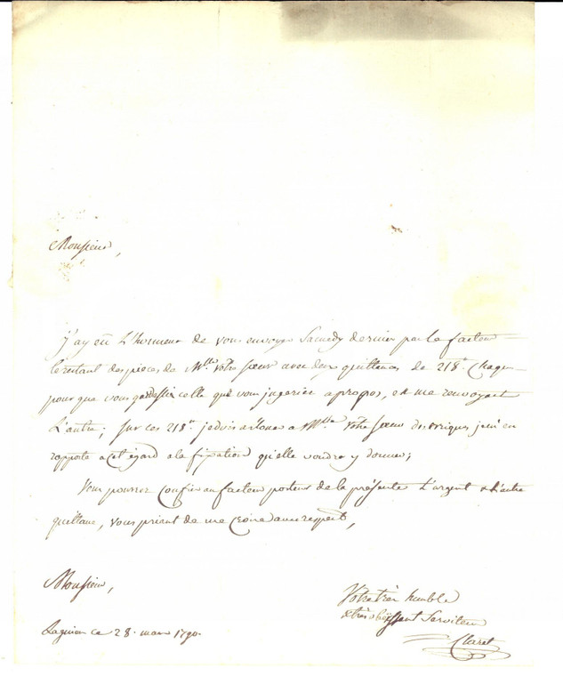 1790 LAGNIEU (F) Notaire CLARET envoie deux quittances à l'avocat SIRAUD