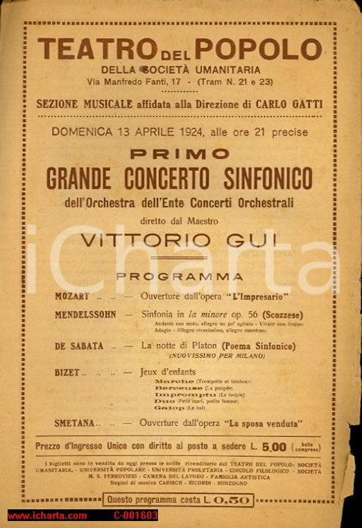 1924 MILANO Concerto maestro Vittorio GUI al Teatro del Popolo *Programma