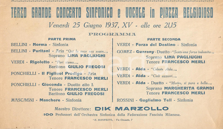 1937 MILANO Concerto sinfonico diretto da Dik MARZOLLO soprano Lina PAGLIUGHI