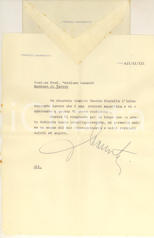1941 MILANO Lettera Franco MARINOTTI per ringraziamento - Autografo
