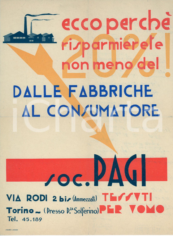 1935 TORINO PAGI TESSUTI UOMO Dalle fabbriche al consumatore *Volantino