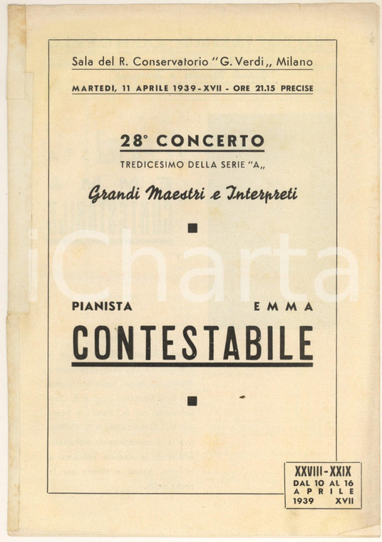 1939 MILANO Conservatorio VERDI Concerto pianista Emma CONTESTABILE *Programma