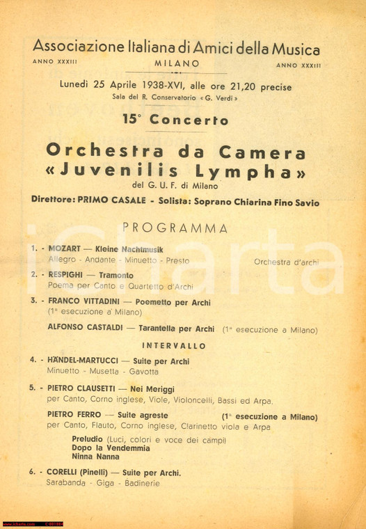1938 MILANO Concerto JUVENILIS LYMPHA Soprano Chiarina FINO SAVIO *Programma