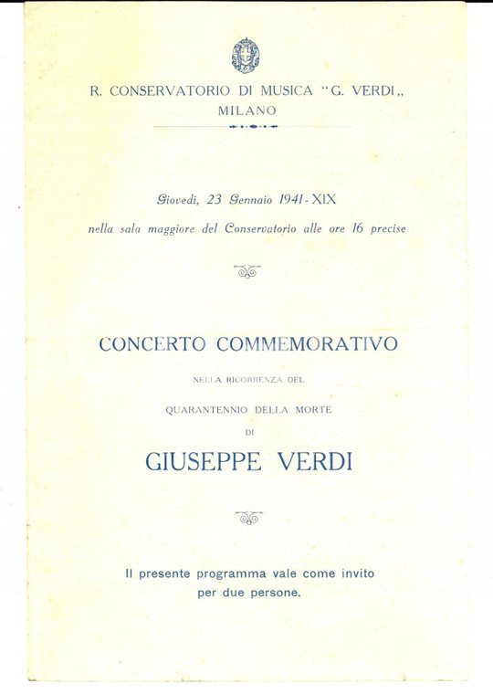 1941 MILANO Conservatorio VERDI Concerto per quarantennio morte Giuseppe VERDI