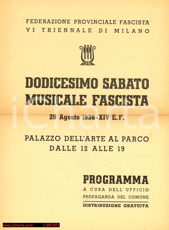 1936 MILANO Maestro Antonino VOTTO XII Sabato Musicale Fascista *Programma