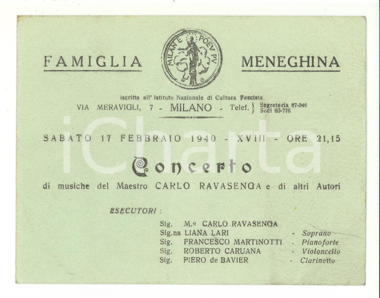 1940 MILANO FAMIGLIA MENEGHINA Concerto Carlo Ravasenga - Biglietto