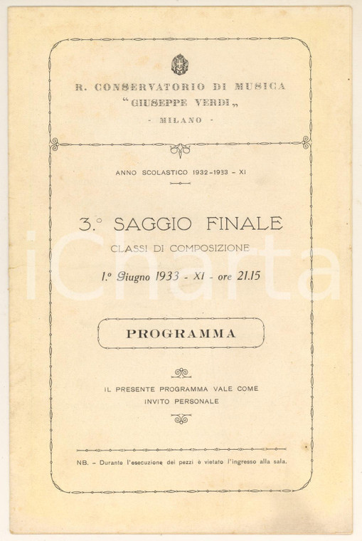 1933 MILANO Conservatorio Giuseppe VERDI Programma del terzo saggio finale
