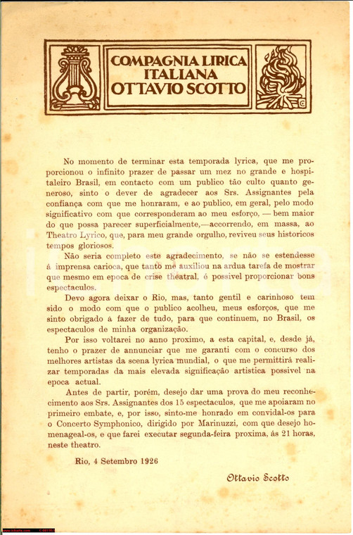 1926 RIO DE JANEIRO Compagnia Lirica OTTAVIO SCOTTO *Pieghevole
