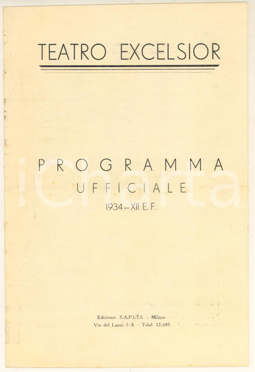 1934 MILANO TEATRO EXCELSIOR - Programma ufficiale della stagione *Opuscolo 