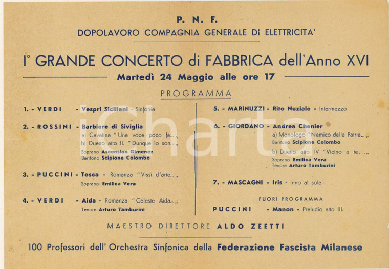 1938 MILANO Compagnia Generale di Elettricità - Concerto di fabbrica Aldo ZEETTI 
