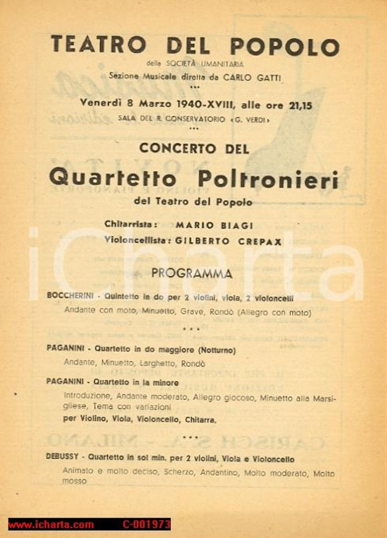 1940 MILANO Teatro del Popolo Concerto QUARTETTO POLTRONIERI con Gilberto CREPAX 