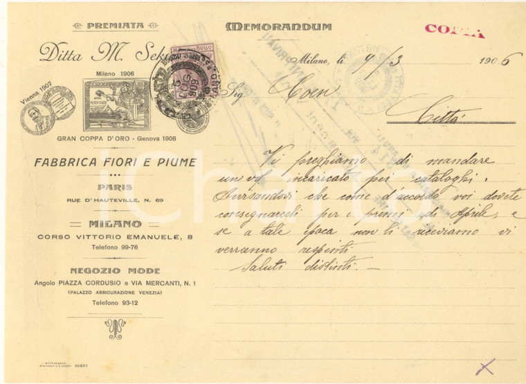 1906 MILANO Ditta M. SEKULES Fabbrica Fiori e Piume - Memorandum 