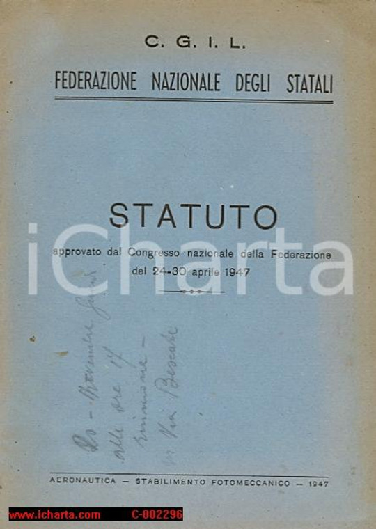 1947 CGIL Statuto Federazione Nazionale degli Statali - 15 pp.