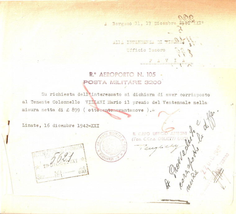 1942 PAVIA Mario VILLANI chiede premio del Ventennale PM3200 R. Aeroporto LINATE
