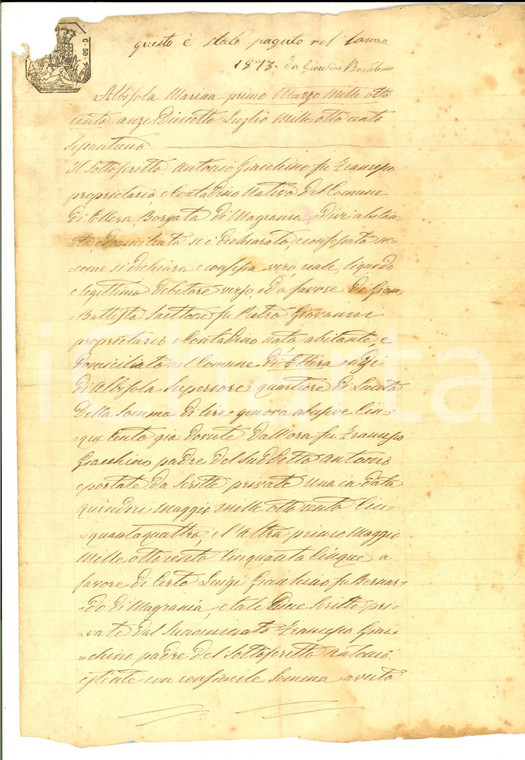 1861 ALBISOLA SUPERIORE (SV) Antonio GIACCHINO debitore di Giambattista SAETTONE