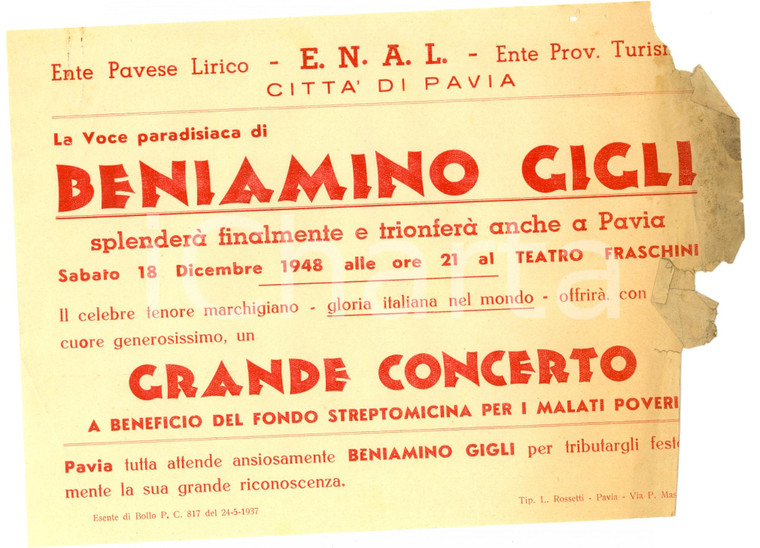 1948 PAVIA Concerto Beniamino GIGLI pro malati poveri