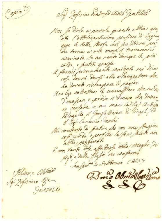 1857 SANSEVERINO MARCHE Severino SERVANZI COLLIO ringrazia per dedica ricevuta