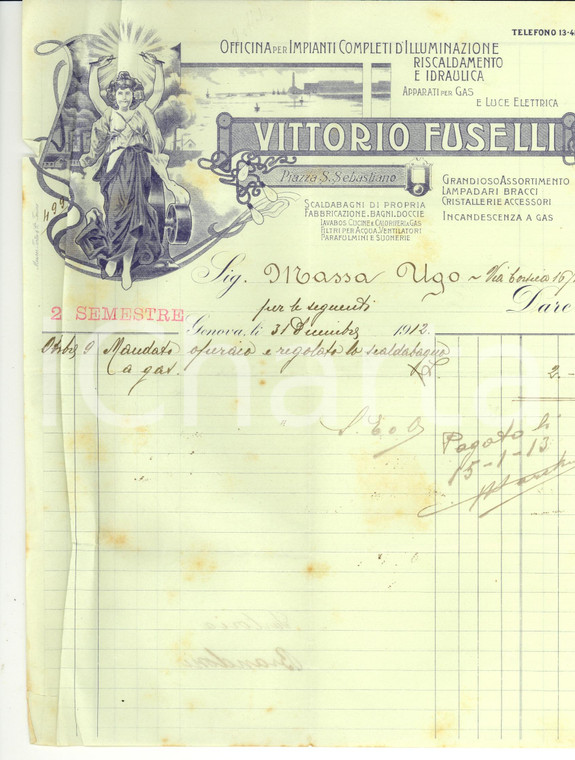 1912 GENOVA Ricevuta Vittorio FUSELLI Illuminazione e idraulica