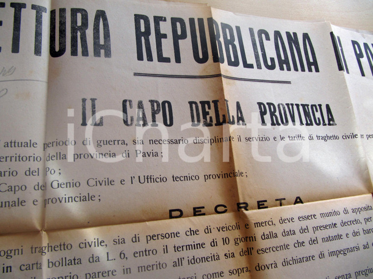 1944 RSI PAVIA Norme per traghetti sui fiumi PO e TICINO Manifesto