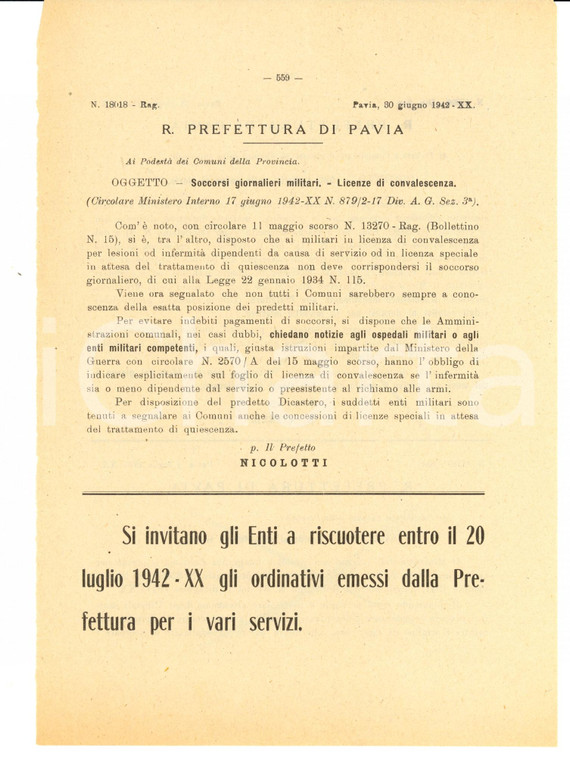 1942 PAVIA WW2 Licenze ai militari in convalescenza *Circolare