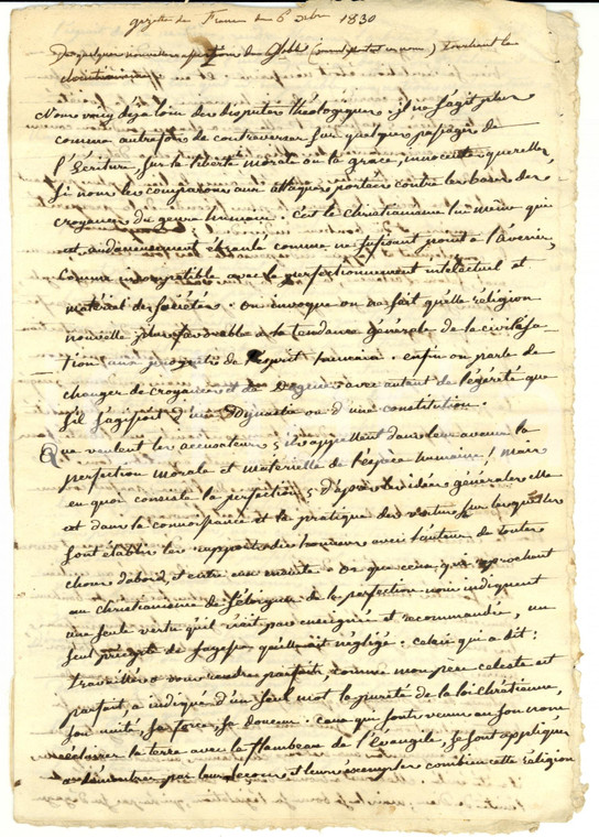 1830 ca GAZETTE DE FRANCE Contre le GLOBE sur le christianisme *Manoscritto