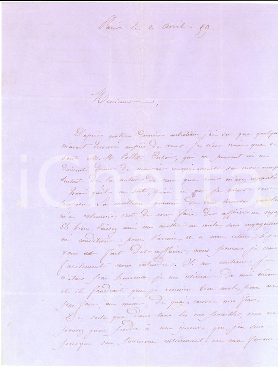 1859 PARIGI M. BALIN promette fedeltà e nuovi affari alla ditta Richard LAGERIE