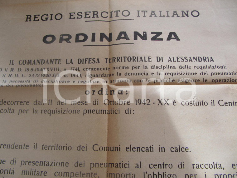 1942 WW2 ALESSANDRIA Requisizione forzata di pneumatici Manifesto