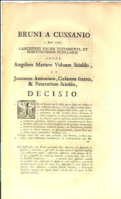 1765 TORINO Lite per fedecommesso famiglia Giuseppe Francesco SCIOLDO