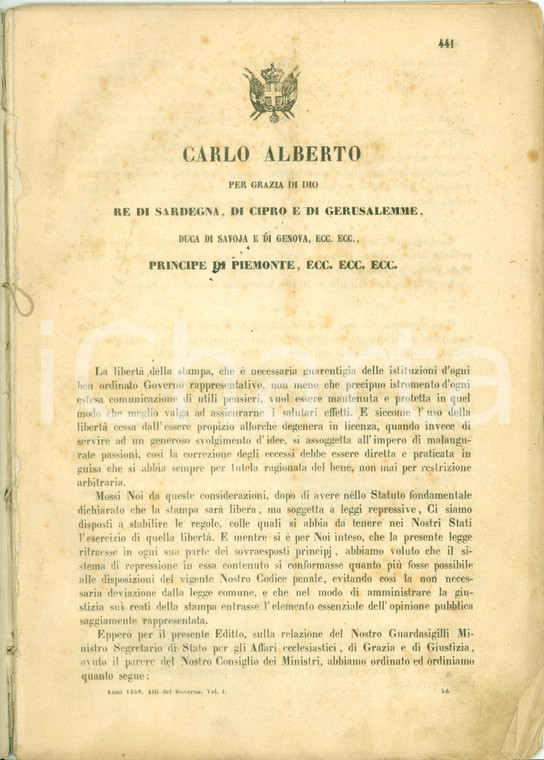 1859 REGNO SARDEGNA Decreto CARLO ALBERTO libertà stampa polveri piriche liquori