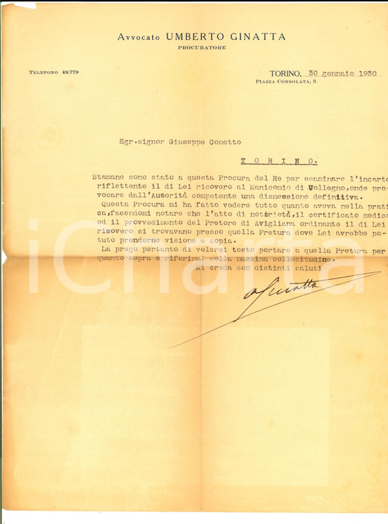 1930 TORINO Avv. Umberto GINATTA su ricovero Giuseppe COMETTO al Regio Manicomio