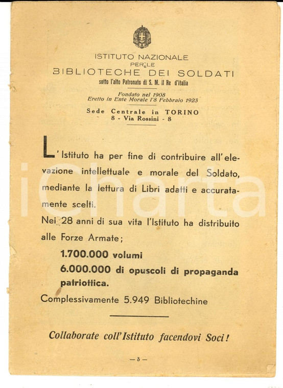 1940 TORINO Opuscolo Istituto Nazionale Biblioteche dei Soldati *Pubblicitario
