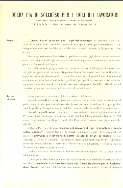 1929 MILANO Opera Pia di Soccorso per i Figli dei Lavoratori *Lettera