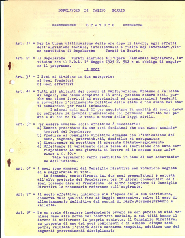 1925 BOARIO TERME (BS) Statuto del Dopolavoro TURATI *Documento