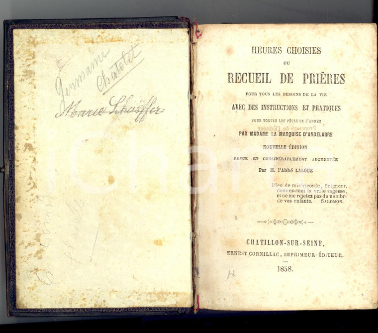 1858 Abbé LALOUE Recueil de prières pour tous les besoins de la vie CORNILLAC