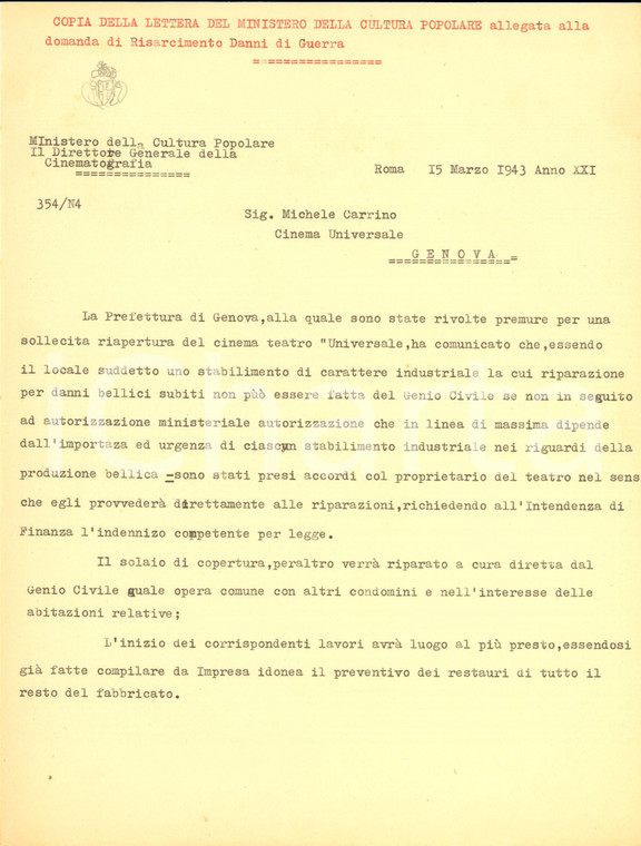 1943 WW2 MINCULPOP GENOVA Restauri Cinema UNIVERSALE dopo bombardamenti