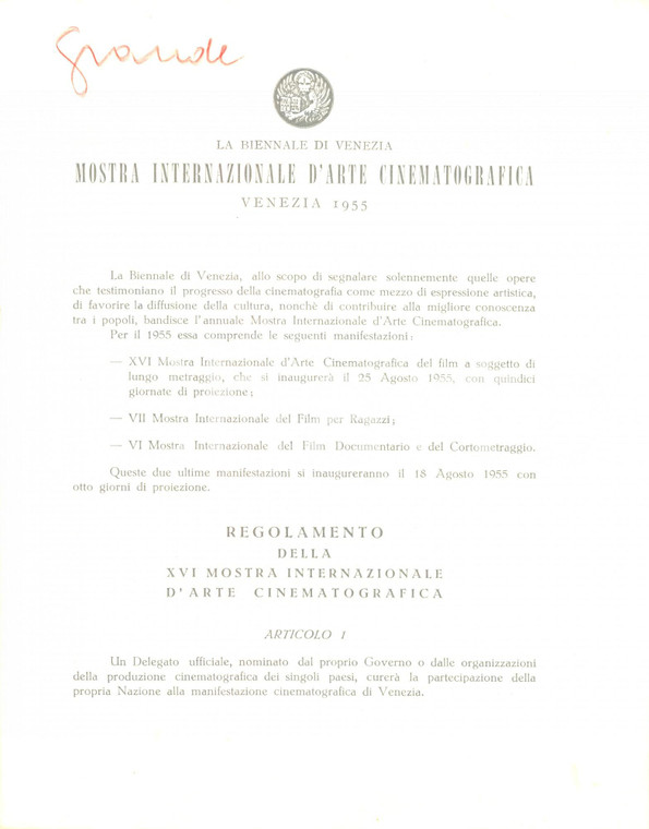 1954 BIENNALE DI VENEZIA Regolamento XVI Mostra del Cinema *Volantino