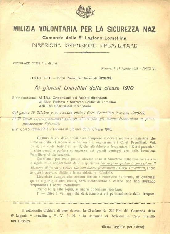 1928 MORTARA (PV) Comando 6° Legione LOMELLINA Corsi Premilitari invernali