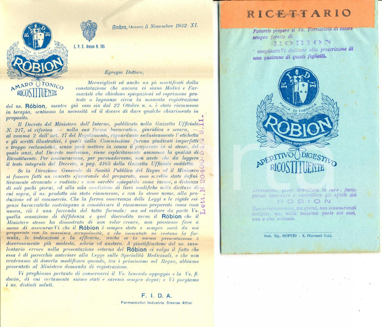 1932 AMBRA (AR) Azienda F.I.D.A. Discussa efficacia Amaro ROBION *Pubblicità