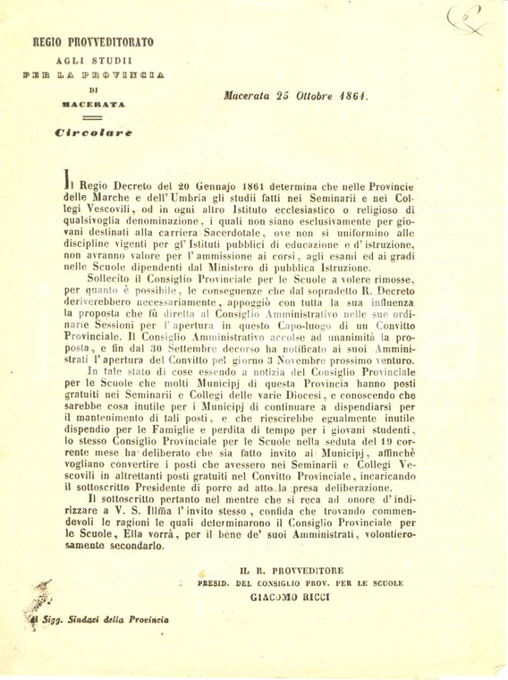 1861 MACERATA Studi fatti in scuole religiose non varranno per concorsi pubblici