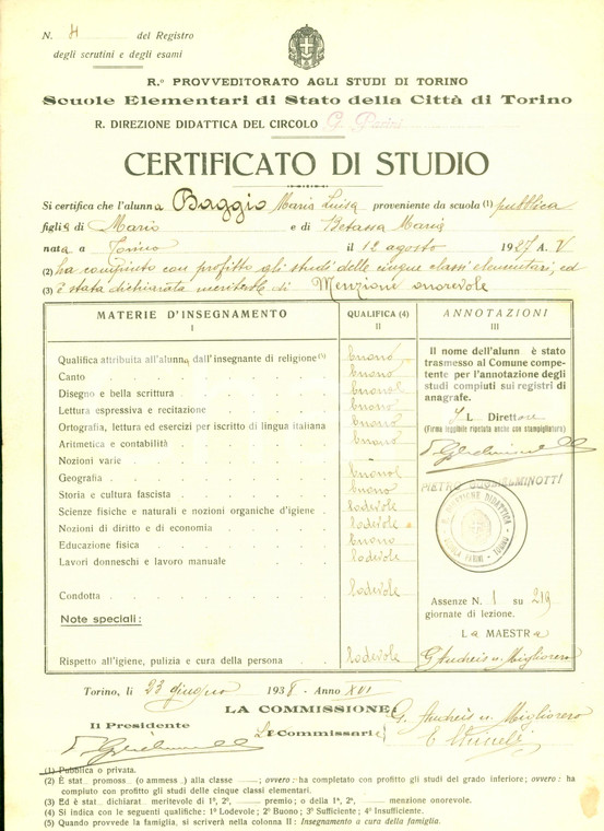 1938 TORINO Scuole Elementari di Stato Maria Luisa BAGGIO certificato studio