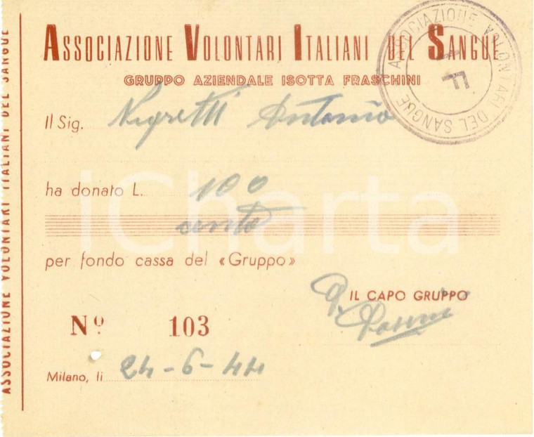 1944 MILANO RSI AVIS Gruppo aziendale ISOTTA FRASCHINI *Ricevuta