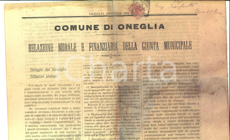 1902 ONEGLIA  Relazione morale e finanziaria della giunta municipale SOCIALISTA