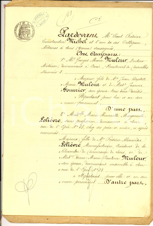1891 SENS (F) Contratto di nozze e dote personale chirurgo Georges Marie MULLER