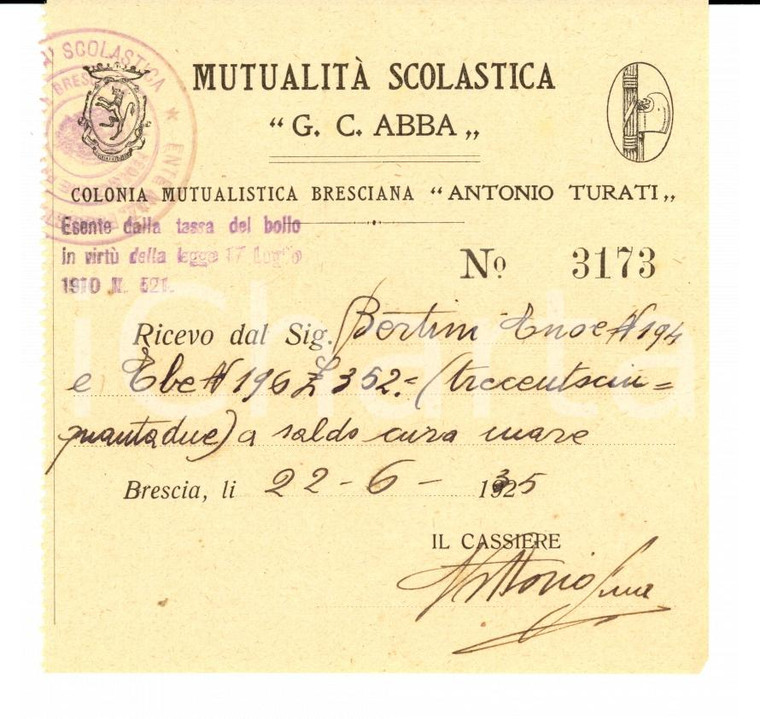 1935 BRESCIA Ricevuta colonia mutualistica Antonio TURATI