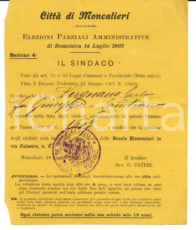 1909 MONCALIERI (TO) Tessera elettorale di Carlo VERGNANO