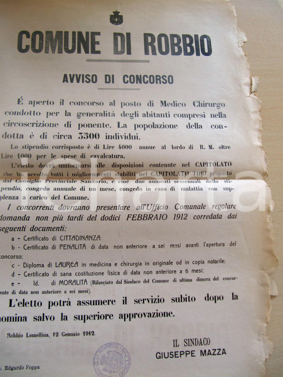 1912 ROBBIO (PV) Concorso per medico condotto MANIFESTO