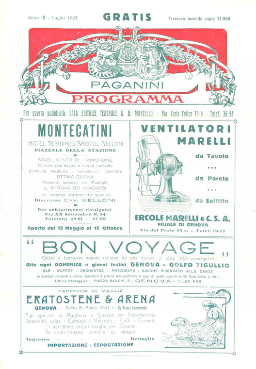 1923 GENOVA Teatro PAGANINI Serata d'addio Cosacchi del KUBANY *Programma