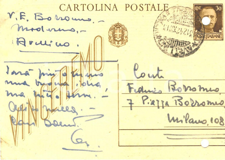1942 WW2 AVELLINO Vittorio Emanuele BORROMEO ARESE al fratello ^Autografo