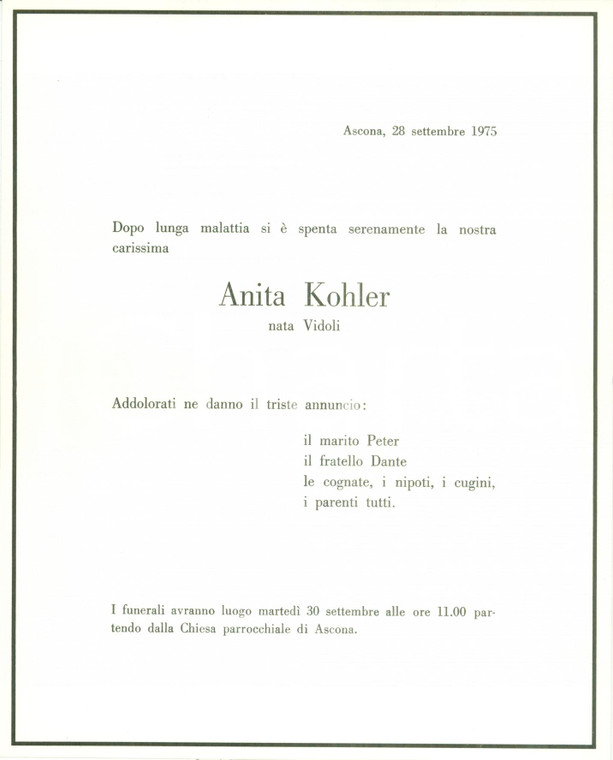 1975 ASCONA (SVIZZERA) Anita KOHLER nata VIDOLI In Memoriam *Santino